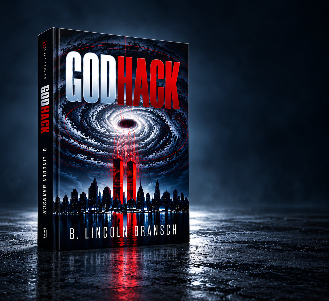 GODHACK displayed as a three-dimensional book against a midnight-blue cityscape