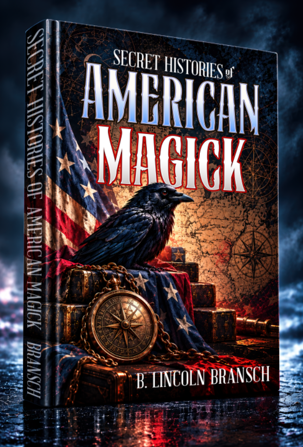 Three-dimensional SECRET HISTORIES OF AMERICAN MAGICK book by B. Lincoln Bransch, with a raven, antique map, and compass on the cover